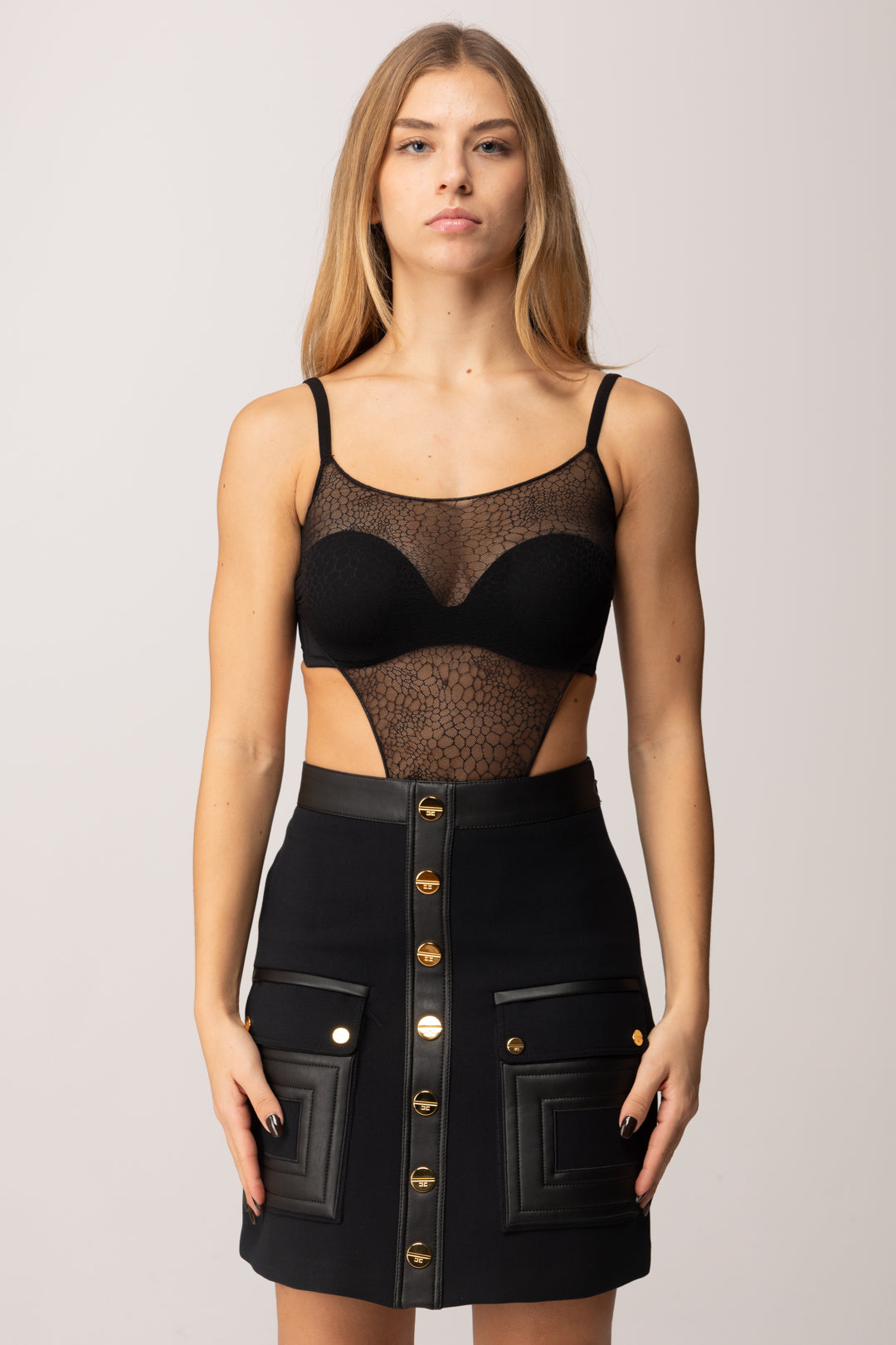 Elisabetta Franchi Body In Tulle con Pattern Snake BO01057E2 NERO