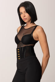 Elisabetta Franchi Body Smanicato In Tulle con Inderti In Vinile BO01357E2 NERO