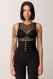 Elisabetta Franchi Body Smanicato In Tulle con Inderti In Vinile BO01357E2 NERO