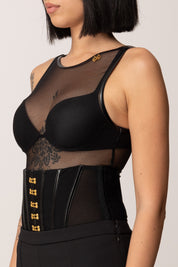 Elisabetta Franchi Body Smanicato In Tulle con Inderti In Vinile BO01357E2 NERO