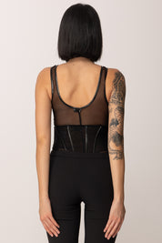 Elisabetta Franchi Body Smanicato In Tulle con Inderti In Vinile BO01357E2 NERO