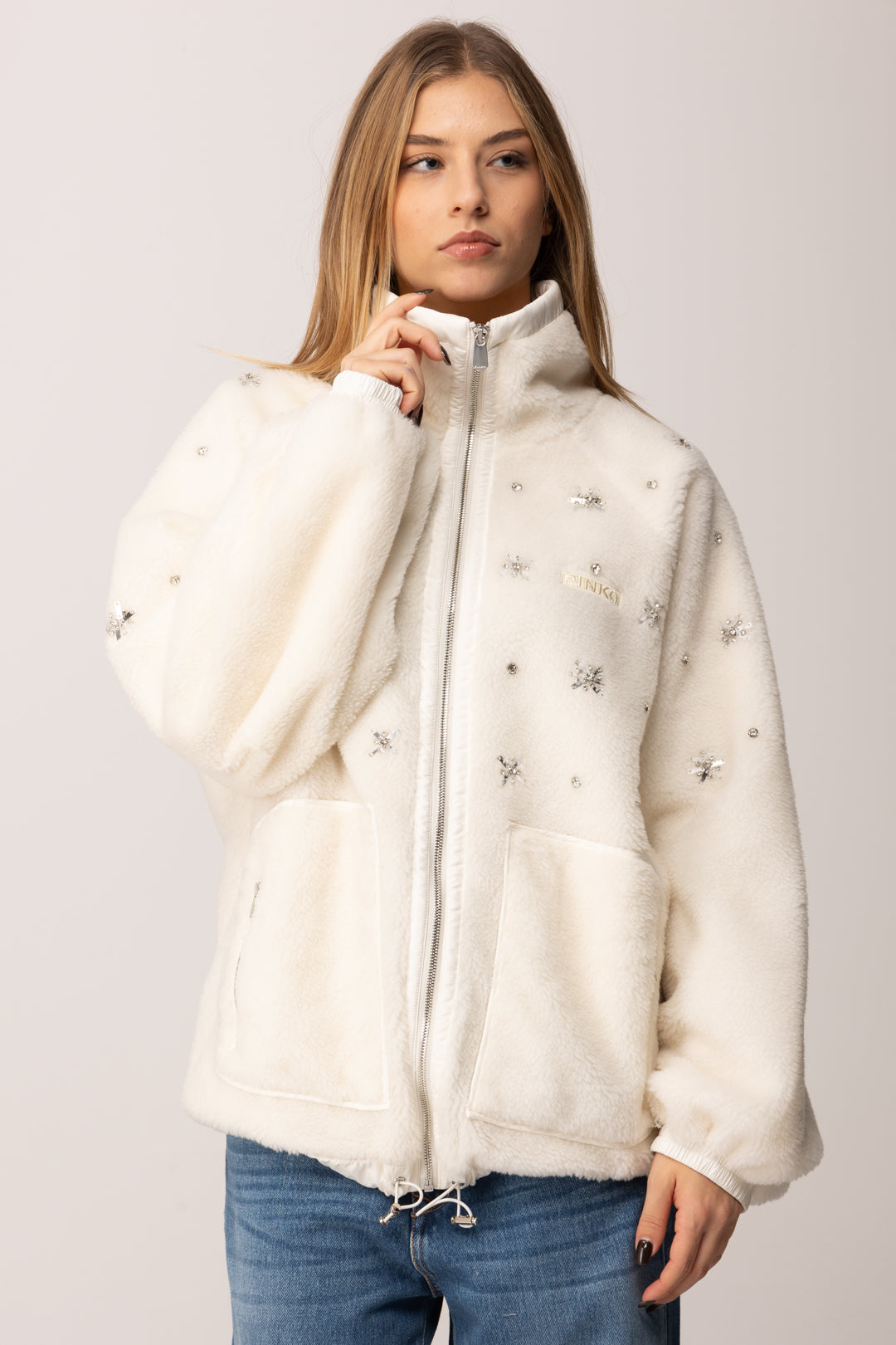 Pinko Bomber In Pile con Ricamo Castoni BIANCO NEMBO
