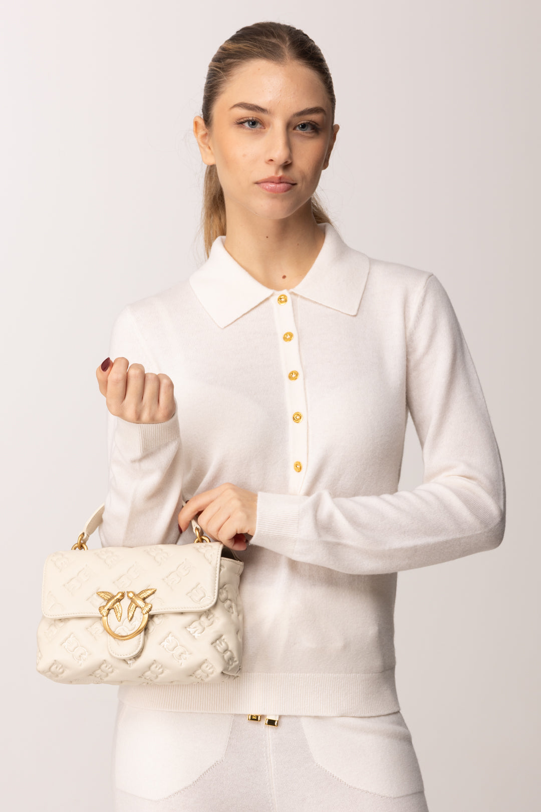 Pinko Borsa Love Bag con Logo Impresso BIANCO SETA-ANTIQUE GOLD