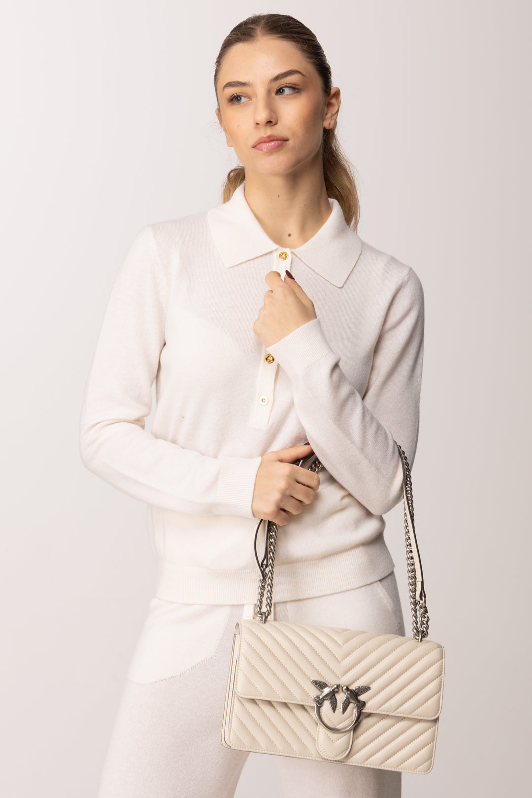 Pinko Borsa Love One Classic Trapuntata BIANCO SETA-OLD SILVER