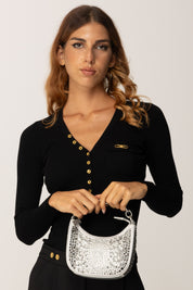 Twin-set Borsetta Hobo Piccola Croissant con Strass 252TB7213 SILVER