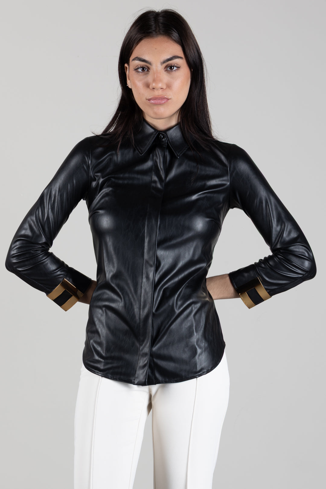 Faux Leather Shirt with Jewel Logo