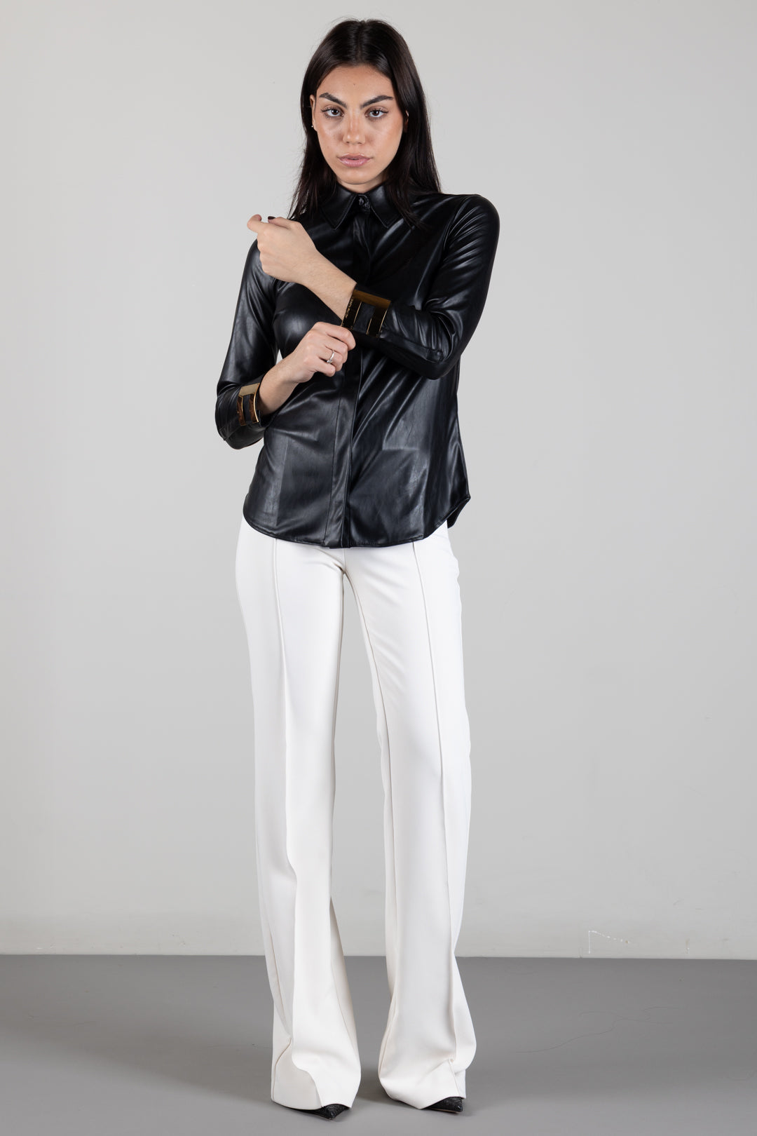 Faux Leather Shirt with Jewel Logo