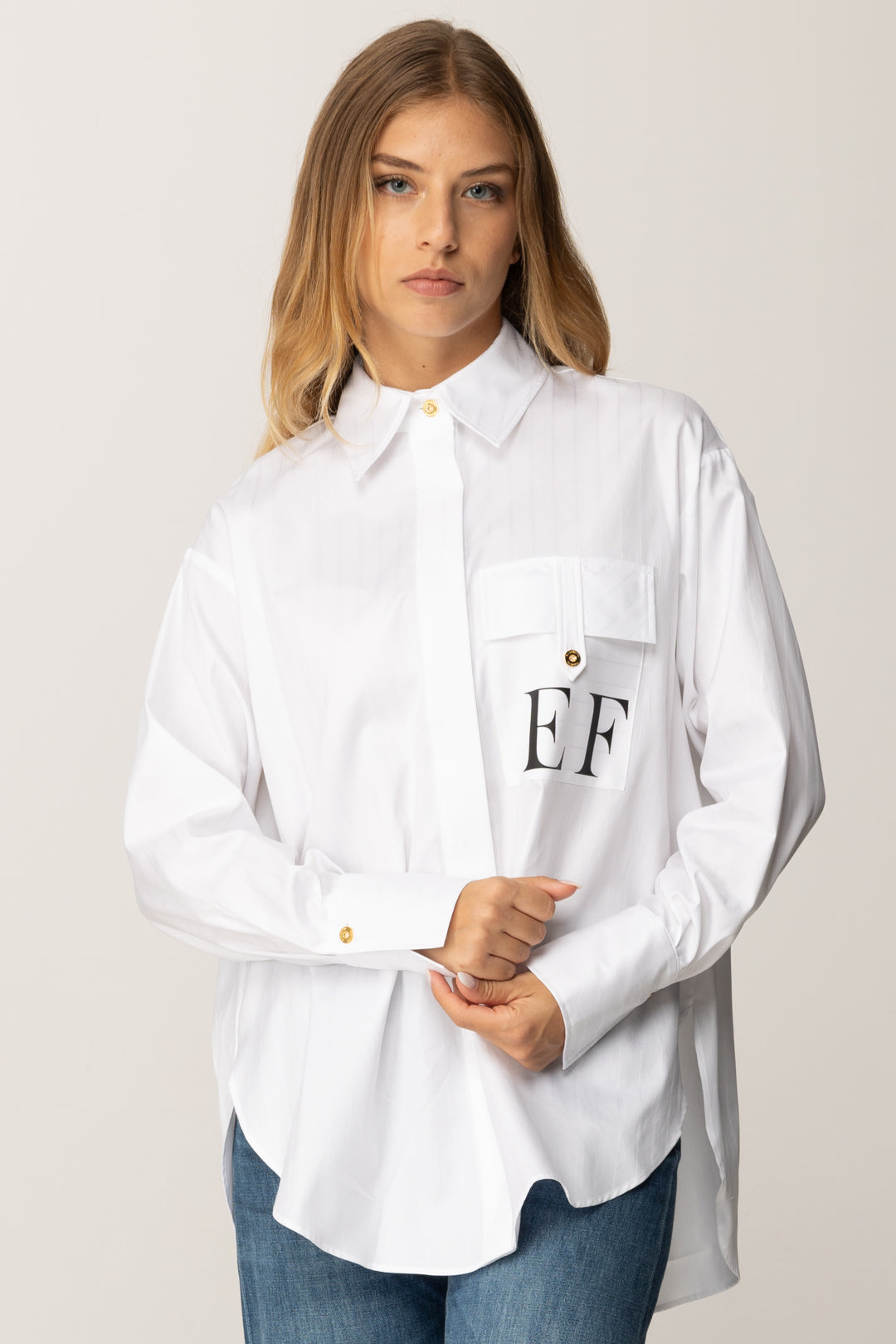 Elisabetta Franchi Camcia a Righe con Logo Ef CA12156E2 BIANCO