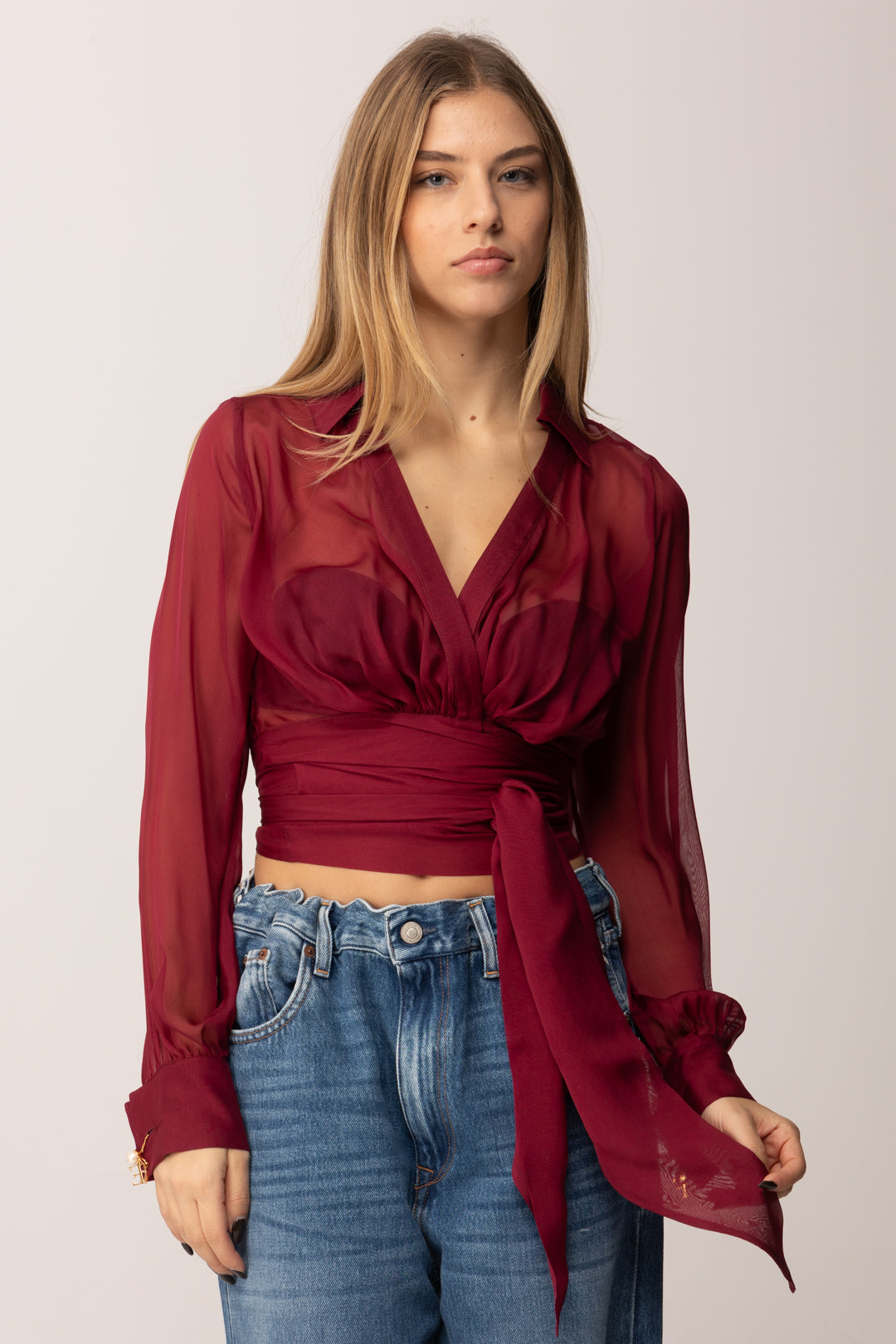 Elisabetta Franchi Camicia Corta In Voile con Fusciacca CA13257E2 CHERRY