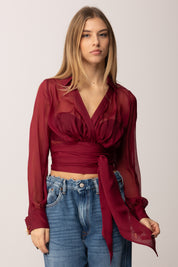 Elisabetta Franchi Camicia Corta In Voile con Fusciacca CA13257E2 CHERRY