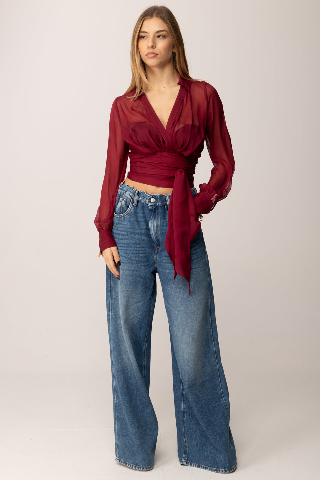 Elisabetta Franchi Camicia Corta In Voile con Fusciacca CA13257E2 CHERRY