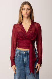 Elisabetta Franchi Camicia Corta In Voile con Fusciacca CA13257E2 CHERRY