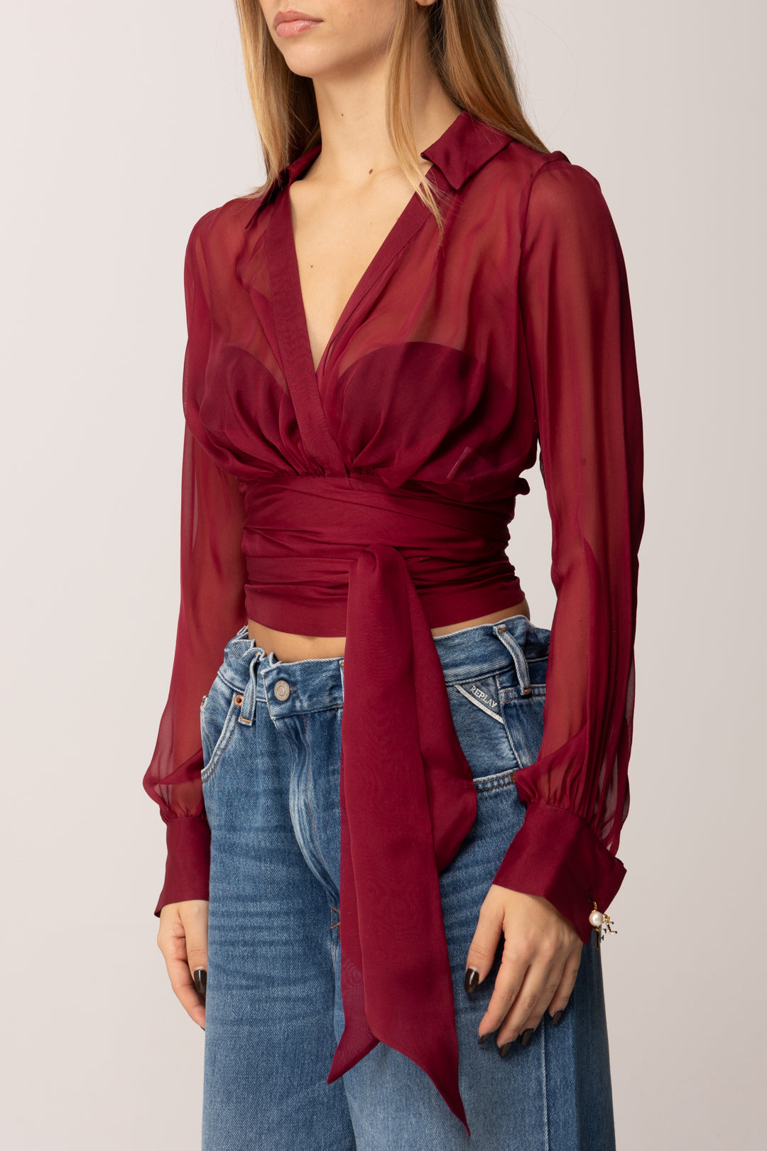 Elisabetta Franchi Camicia Corta In Voile con Fusciacca CA13257E2 CHERRY