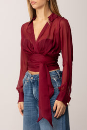 Elisabetta Franchi Camicia Corta In Voile con Fusciacca CA13257E2 CHERRY