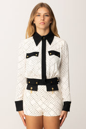Elisabetta Franchi Camicia Crop Bicolor In Georgette con Stampa CAS0156E2 MILK/NERO