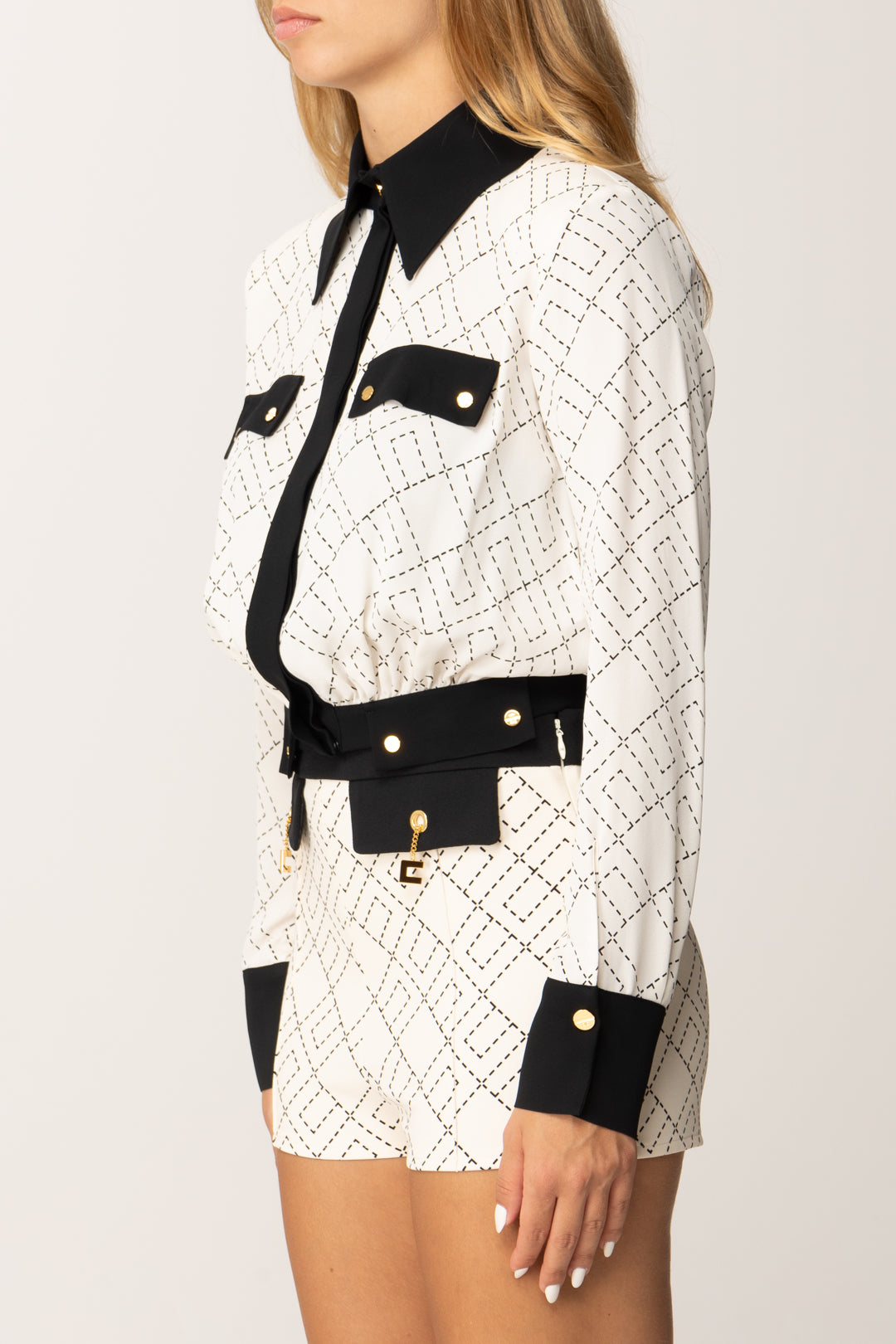 Elisabetta Franchi Camicia Crop Bicolor In Georgette con Stampa CAS0156E2 MILK/NERO