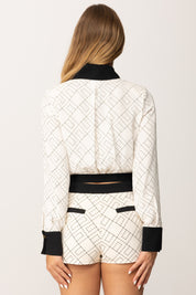 Elisabetta Franchi Camicia Crop Bicolor In Georgette con Stampa CAS0156E2 MILK/NERO