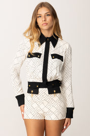 Elisabetta Franchi Camicia Crop Bicolor In Georgette con Stampa CAS0156E2 MILK/NERO