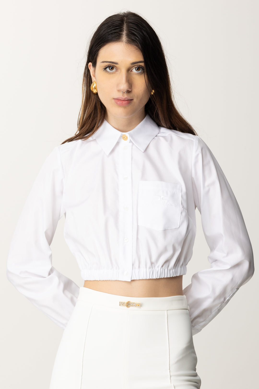 White Camicie Crop Top Cotton Crop Shirt With Pocket