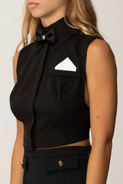 Elisabetta Franchi Camicia Crop In Raso con Papillon e Pochette CA10556E2 NERO