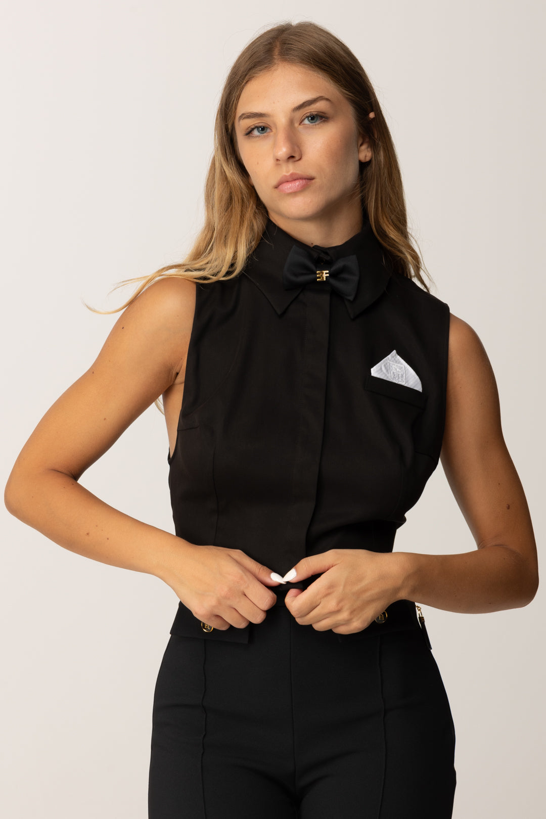 Elisabetta Franchi Camicia Crop In Raso con Papillon e Pochette CA10556E2 NERO