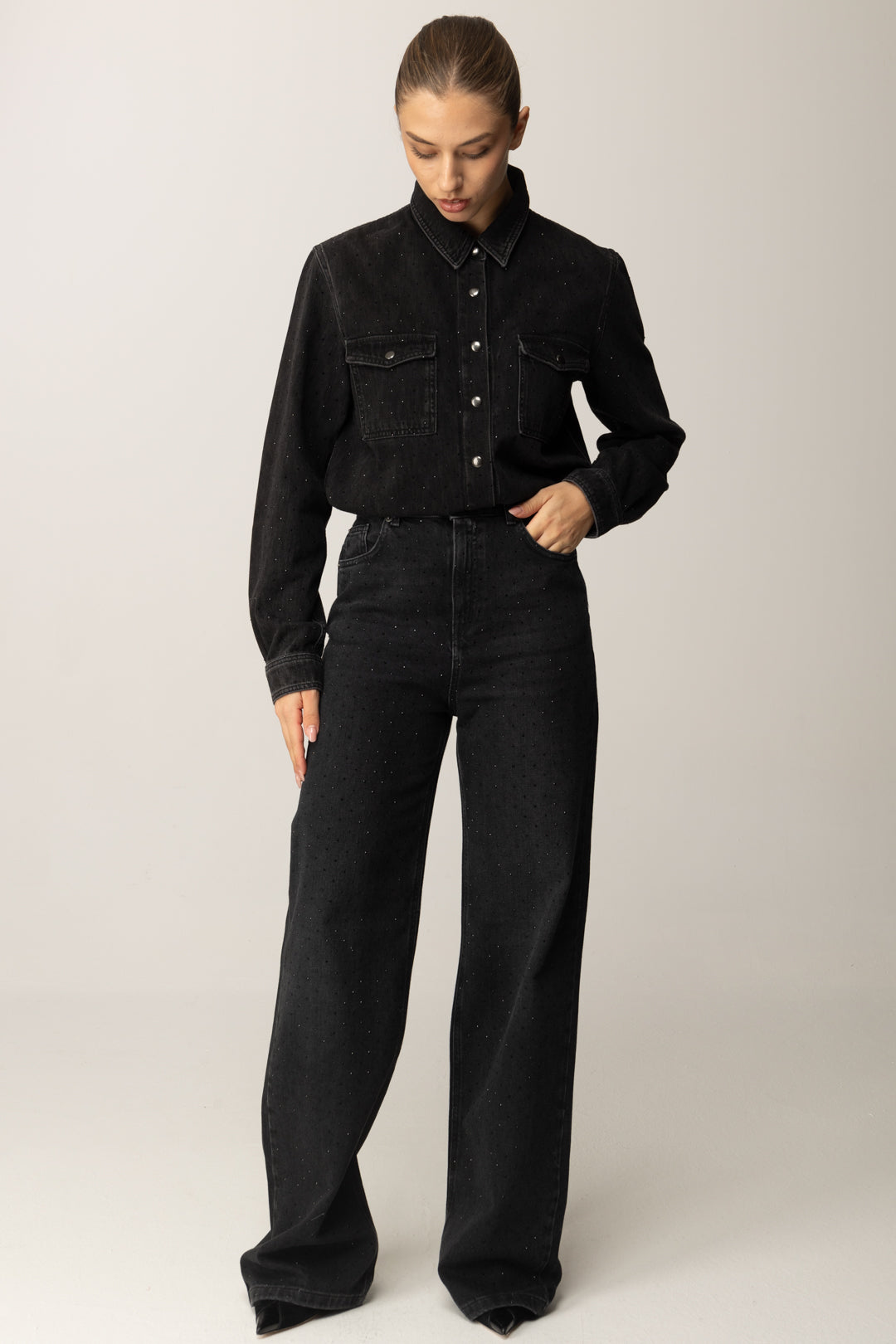 Twinset Camicia In Denim Nero con Strass Luminosi 252TT2272 DENIM NERO