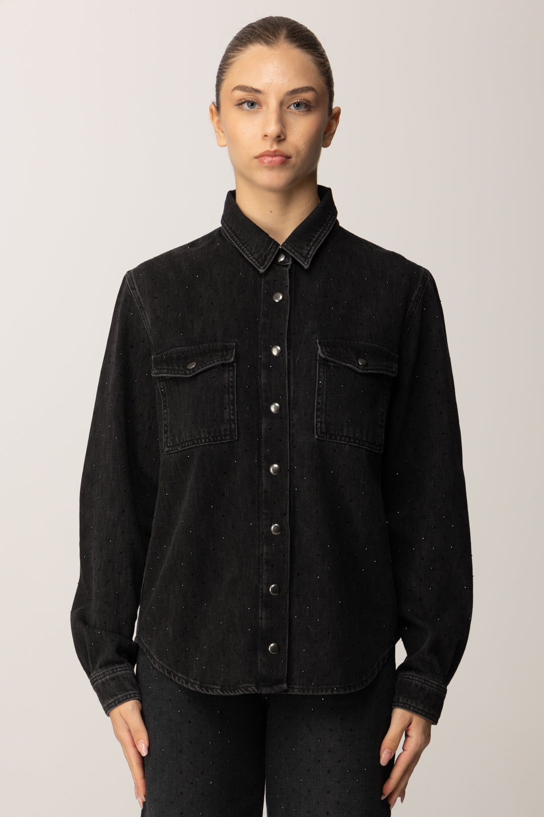 Twinset Camicia In Denim Nero con Strass Luminosi 252TT2272 DENIM NERO