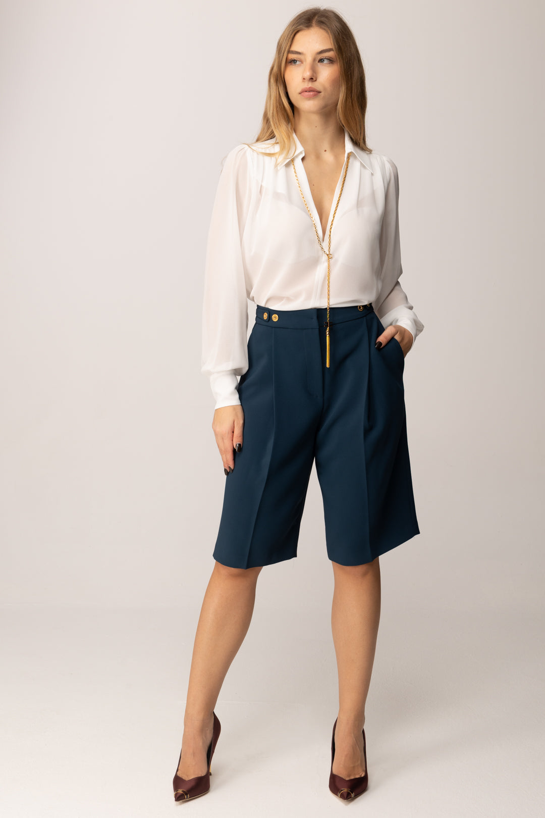 Elisabetta Franchi Camicia In Georgette con Collana con Nappa AVORIO CA13357E2