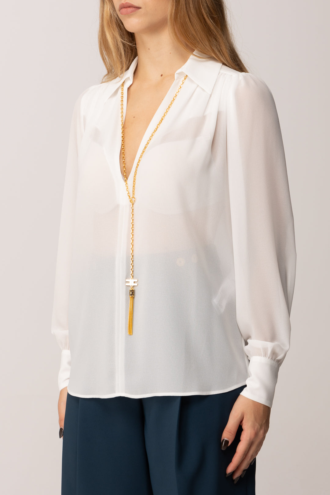 Elisabetta Franchi Camicia In Georgette con Collana con Nappa AVORIO CA13357E2