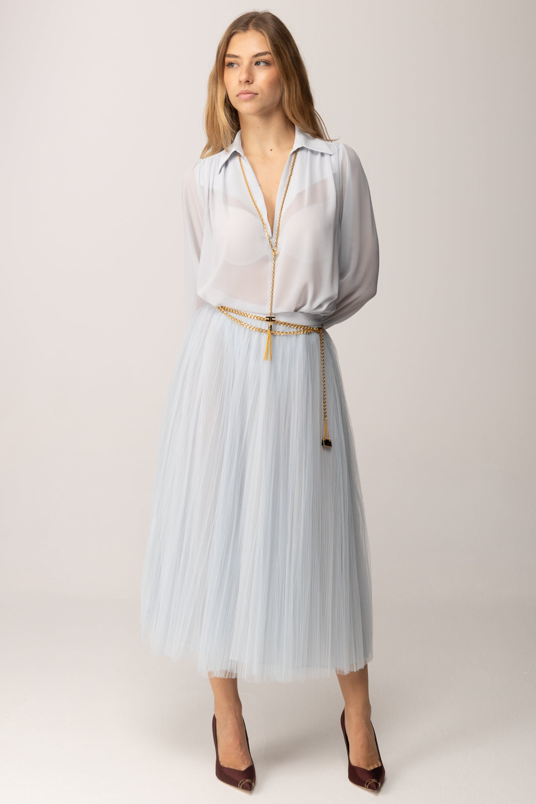 Elisabetta Franchi Camicia In Georgette con Collana con Nappa CA13357E2 STARLIGHT