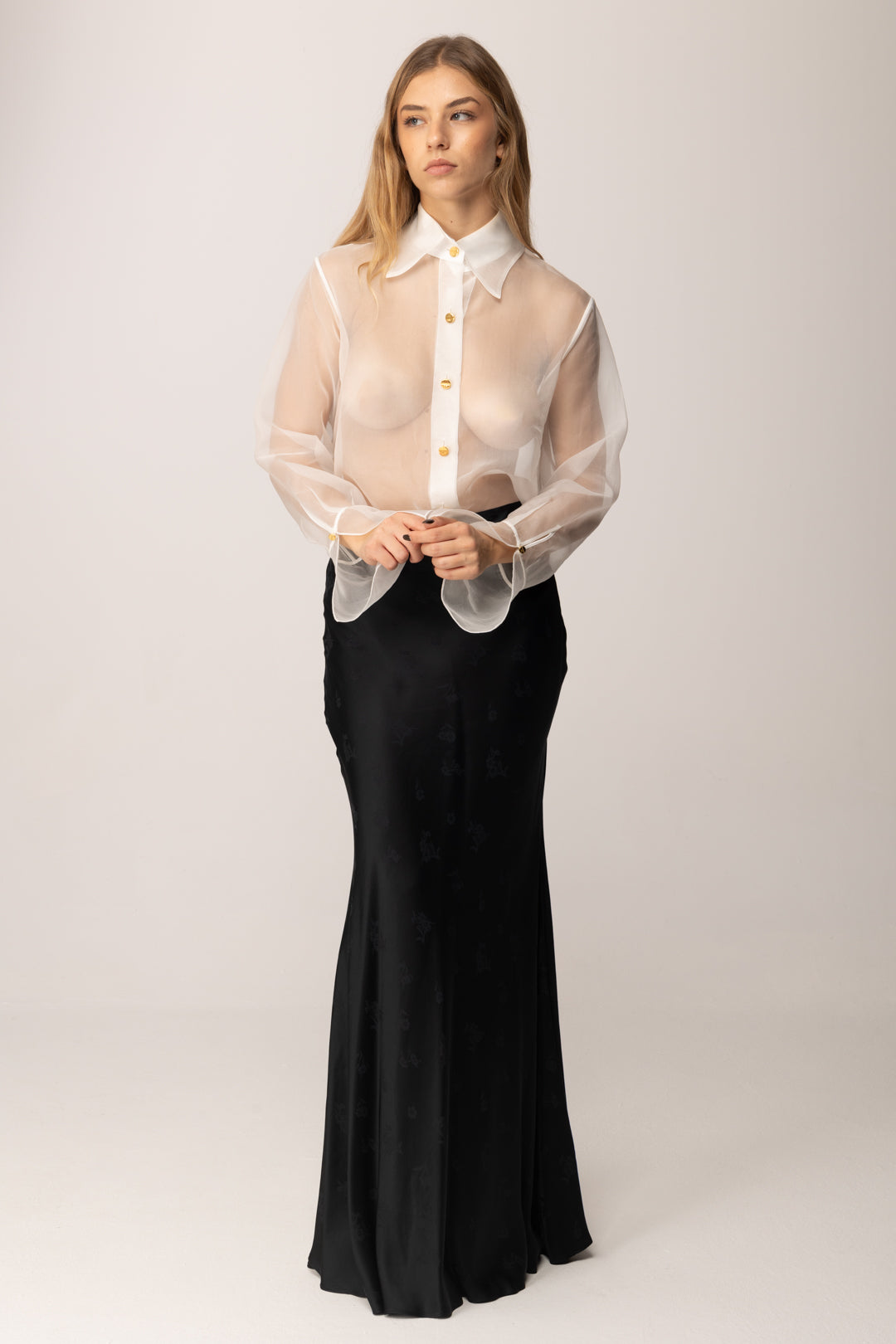 Elisabetta Franchi Camicia In Organza con Bottoni Oro CA09957E2 AVORIO