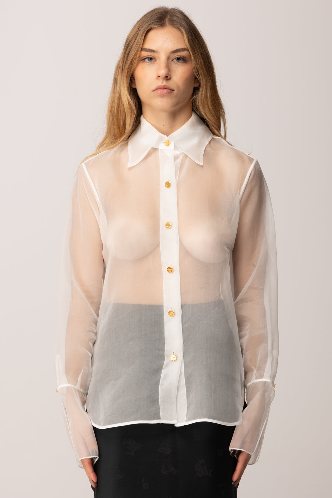 Elisabetta Franchi Camicia In Organza con Bottoni Oro CA09957E2 AVORIO