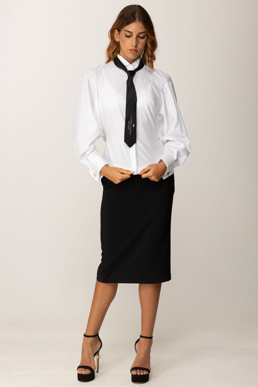 Elisabetta Franchi Camicia In Popeline con Cravatta CA09156E2 BIANCO/NERO