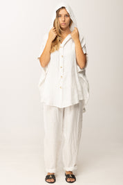 Khloefemme Camicia Over Maniche Corte con Cappuccio 9810 BIANCO