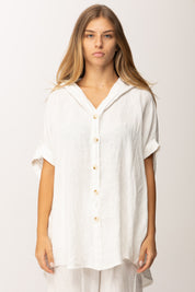 Khloefemme Camicia Over Maniche Corte con Cappuccio 9810 BIANCO