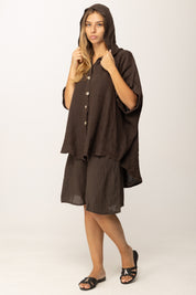 Khloefemme Camicia Over Maniche Corte con Cappuccio 9810 CACAO