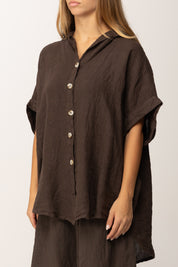 Khloefemme Camicia Over Maniche Corte con Cappuccio 9810 CACAO
