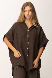 Khloefemme Camicia Over Maniche Corte con Cappuccio 9810 CACAO