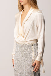 Elisabetta Franchi Camicia a Body In Raso con Polso a Nastro CB00757E2 MILK