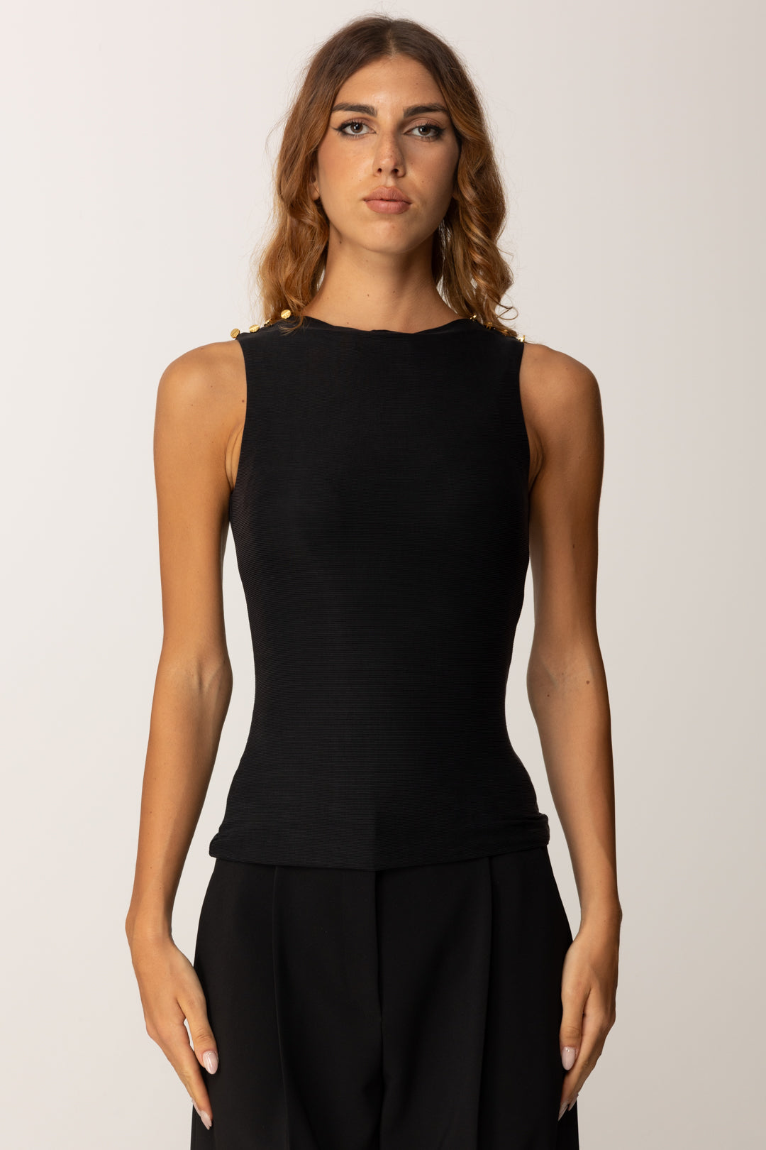 Elisabetta Franchi Canotta In Cupro con Bottoni Sulle Spalle CN00156E2 NERO