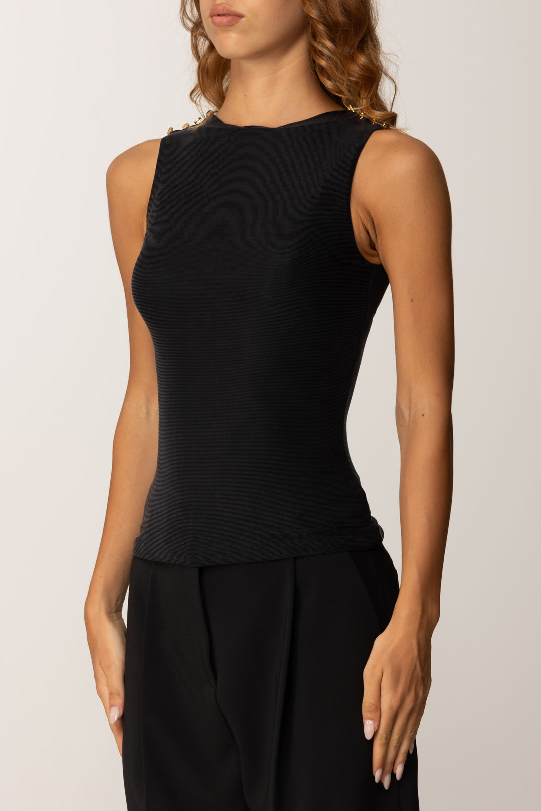 Elisabetta Franchi Canotta In Cupro con Bottoni Sulle Spalle CN00156E2 NERO