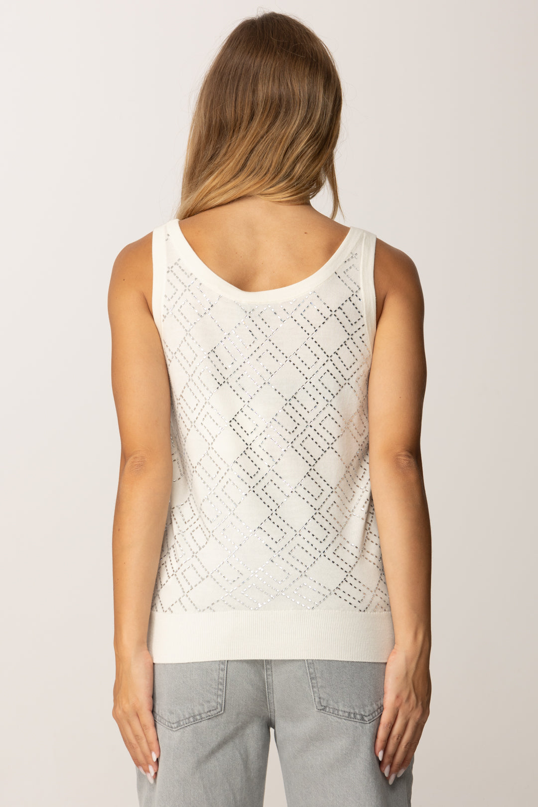 Elisabetta Franchi Canotta In Lana Rasata con Cristalli TK59B56E2 MILK/SILVER