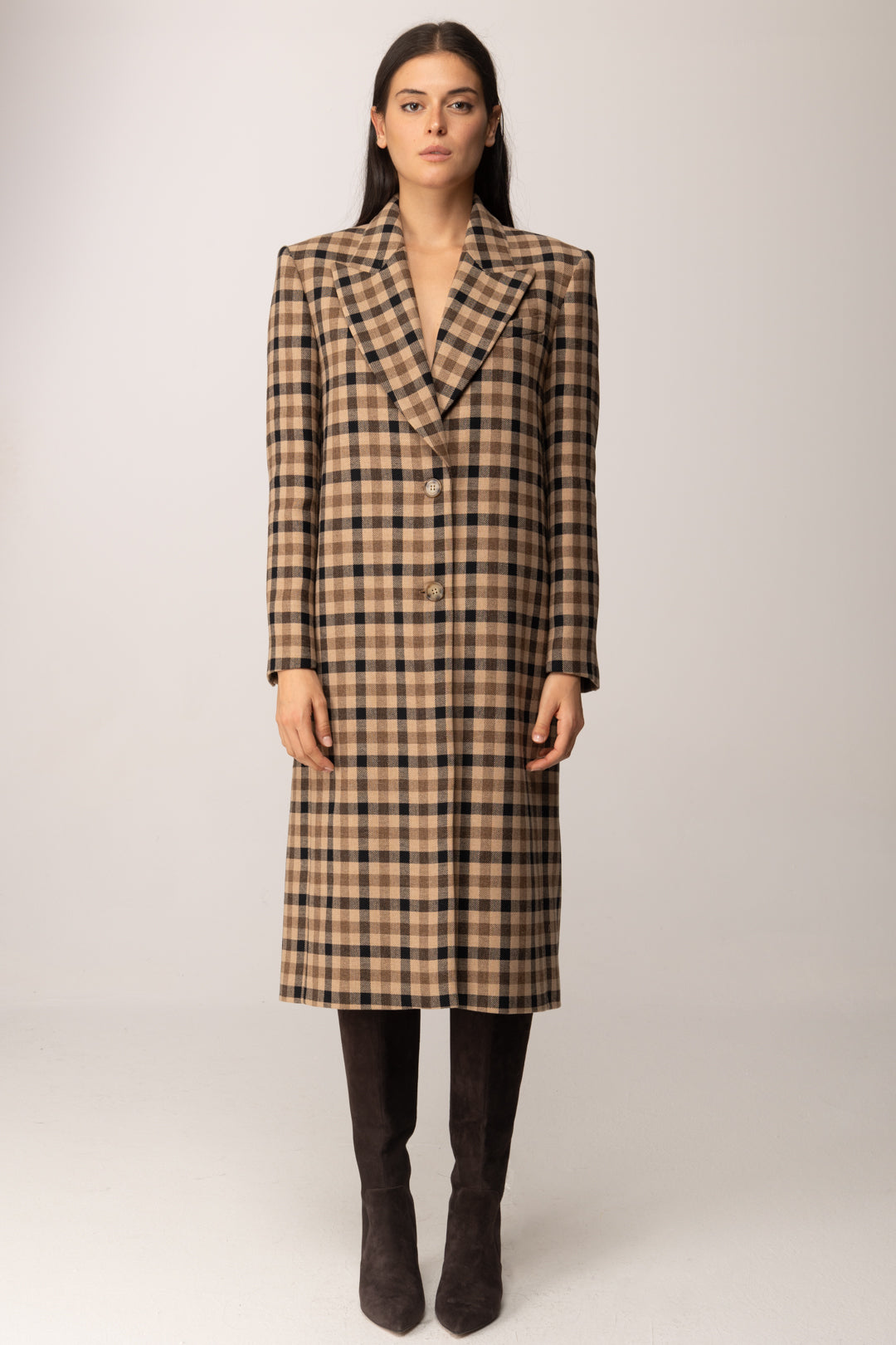 Twin-set Cappotto In Misto Lana Fantasia Check 252TT2430 CHECK CAMMELLO/NERO