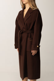 Elisabetta Franchi Cappotto In Panno Misto Lana con Cintura COFFEE CP68D56E2