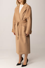 Elisabetta Franchi Cappotto In Panno Misto Lana con Cintura CP68D56E2 HONEY
