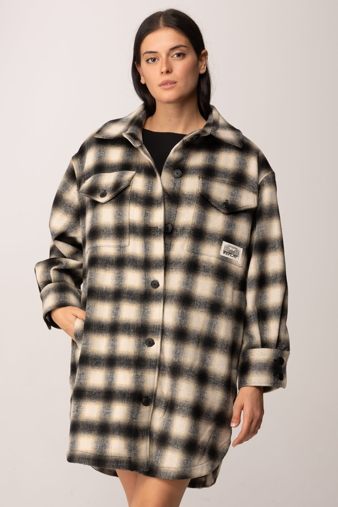 Replay Cappotto Stampa Check In Misto Lana W7916 .000.52804 BLACK/SAND/WINTER WHITE