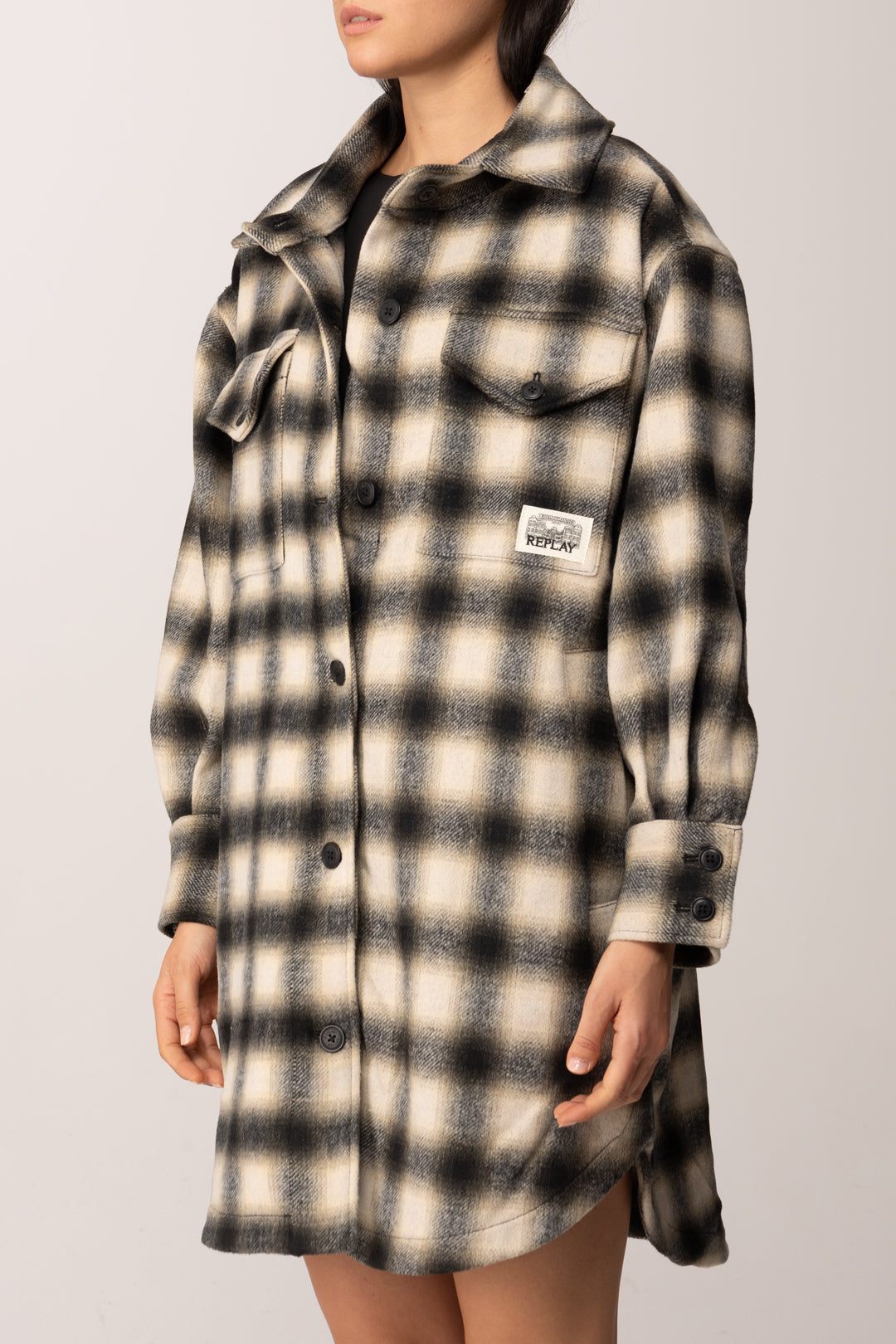 Replay Cappotto Stampa Check In Misto Lana W7916 .000.52804 BLACK/SAND/WINTER WHITE