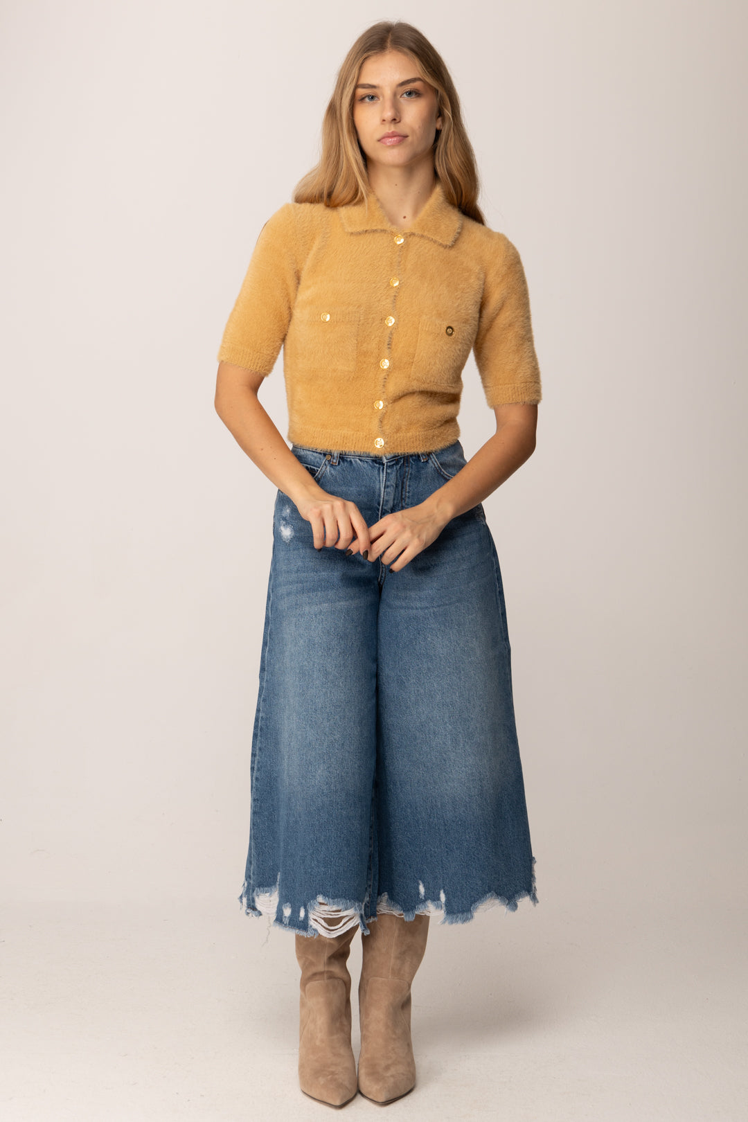 Elisabetta Franchi Cardigan Crop Effetto Pelliccetta MK53T57E2 HONEY