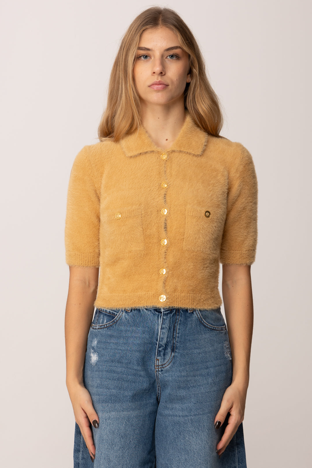 Elisabetta Franchi Cardigan Crop Effetto Pelliccetta MK53T57E2 HONEY