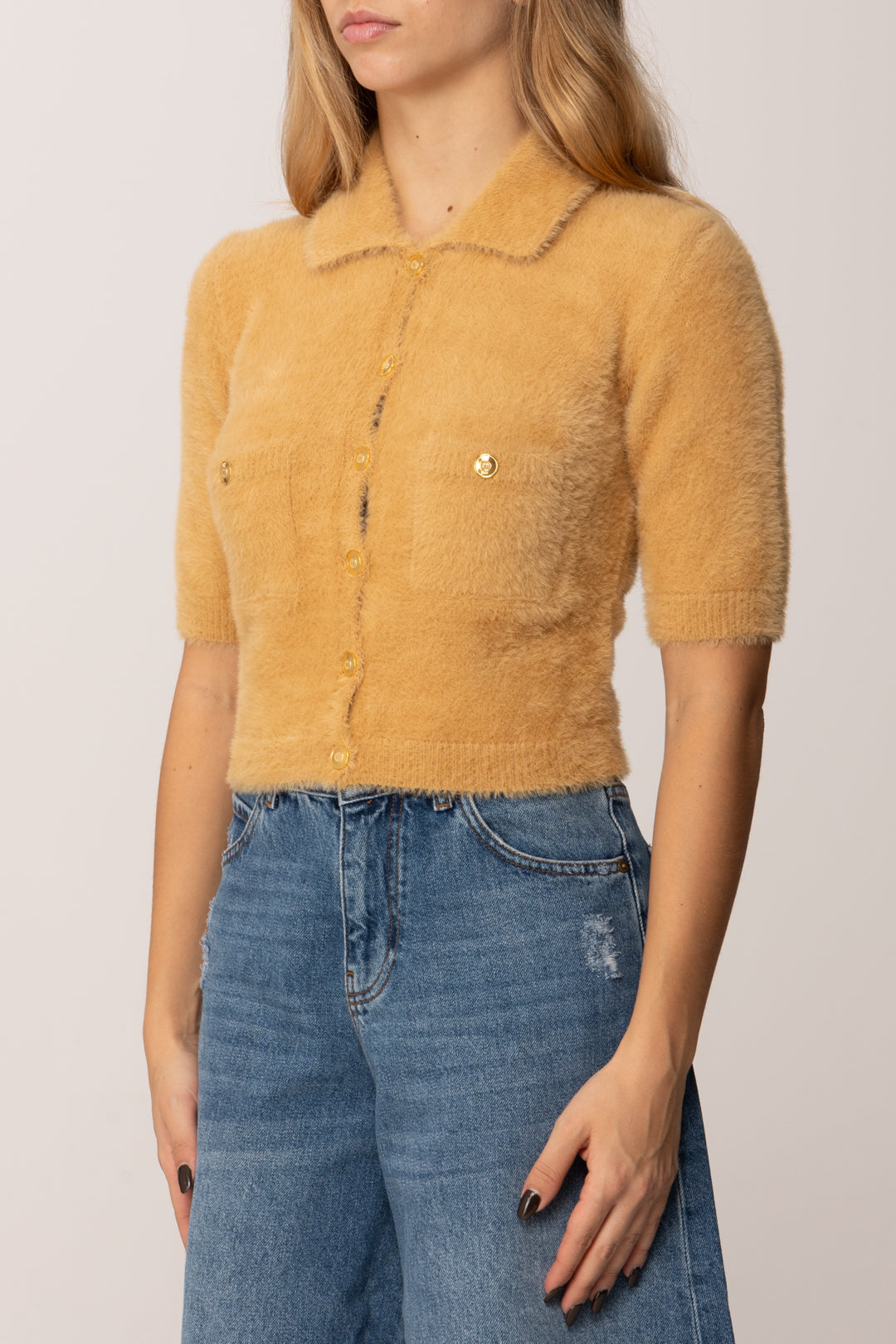 Elisabetta Franchi Cardigan Crop Effetto Pelliccetta MK53T57E2 HONEY